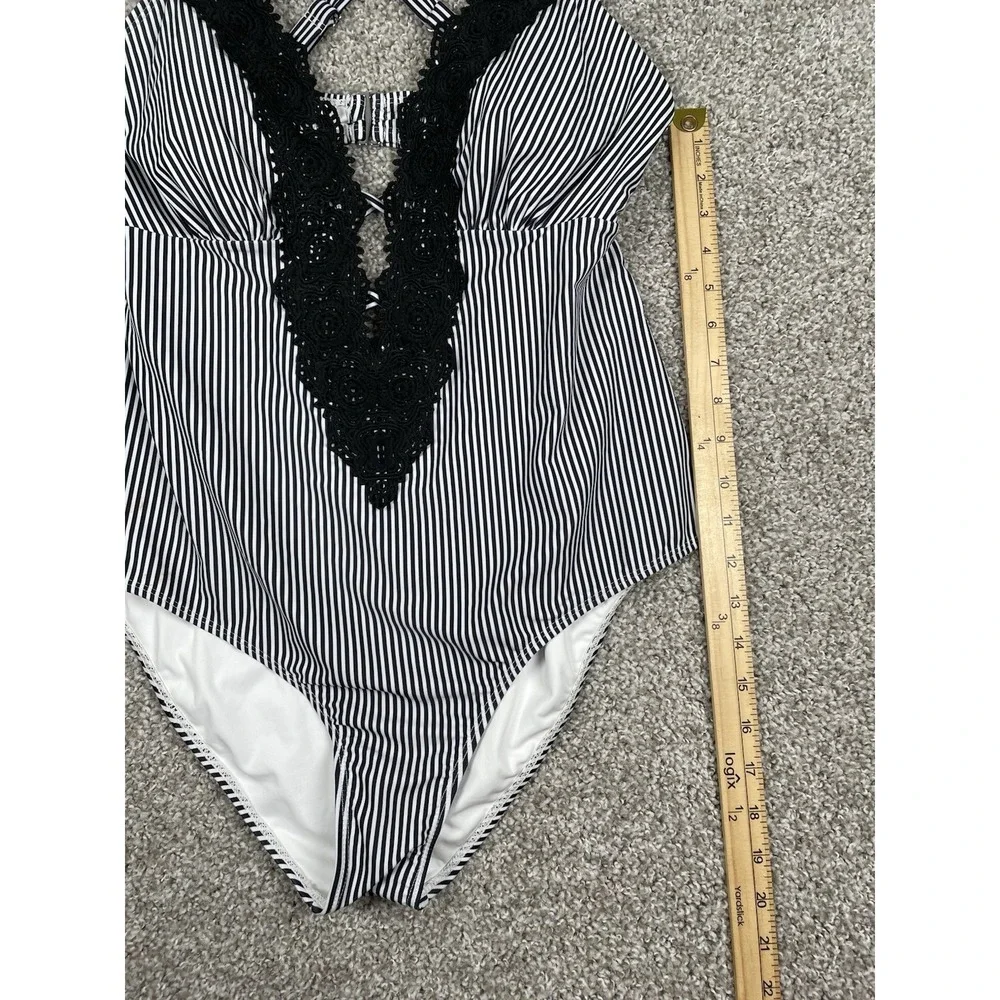 Cupshe Wish You Well One Piece Swimsuit 0X Black White Striped Lace Plunge NWT